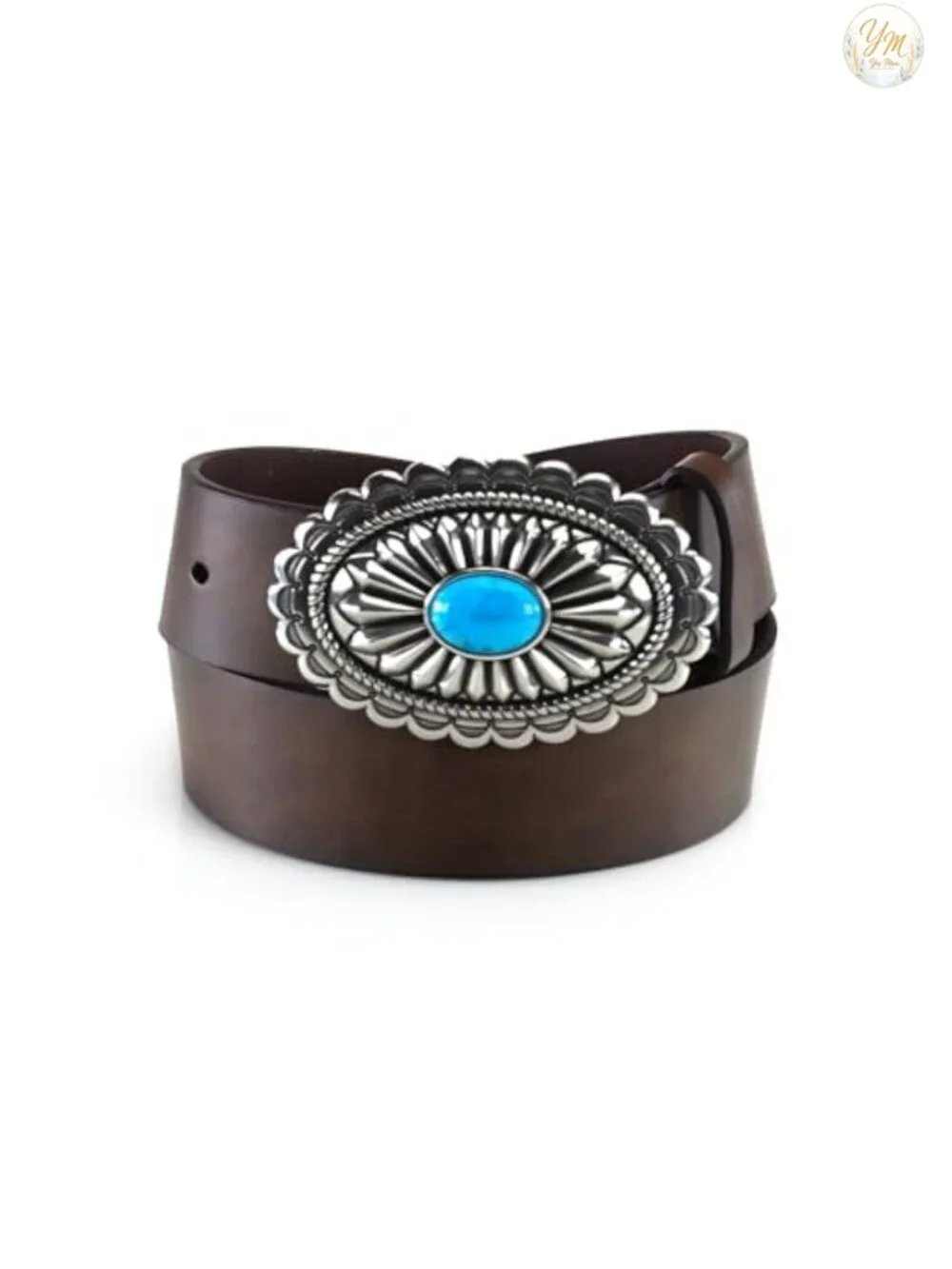Leather Belt with Oval Concho Buckle Turquoise Stone